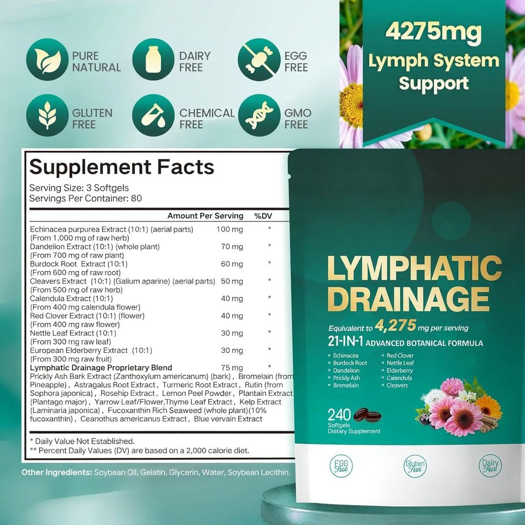 Lymphatic Drainage Supplement 21-in-1 | 4275mg Botanical Formula | 240 Softgels | Echinacea, Elderberry & More