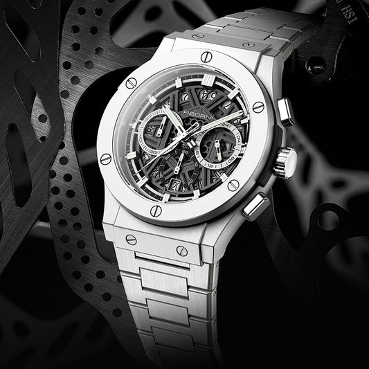 ABORNI Skeleton Chronograph Men's Watch | Silver Exposed Screw Case Openwork Dial Steel Bracelet Date Watch