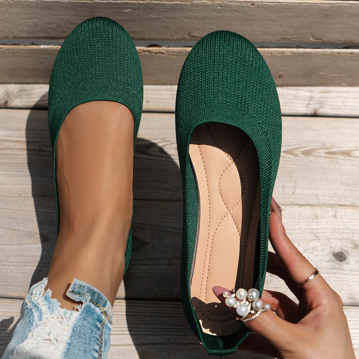Black Knit Ballet Flats for Women | Slip-On Comfort Flat Shoes | Breathable Stretch Walking Flats