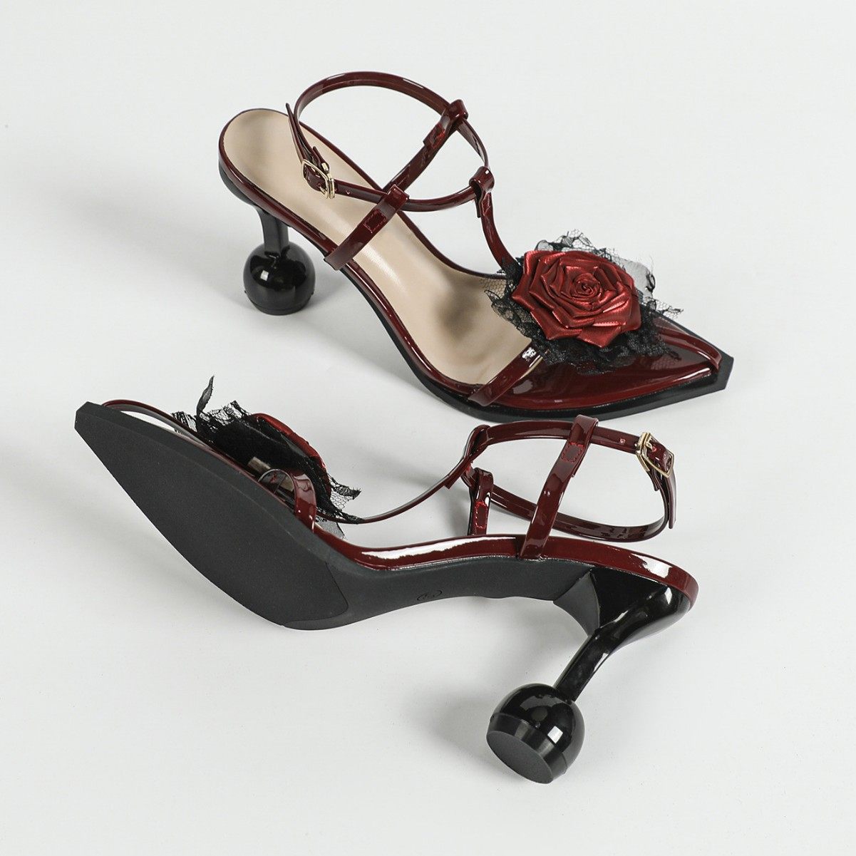 Burgundy Wine Patent 3D Rose Lace Appliqu� T-Bar Pointed Toe Sandals with Sculptural Black Orb Heel | Gothic Romantic Luxury Heels for Women