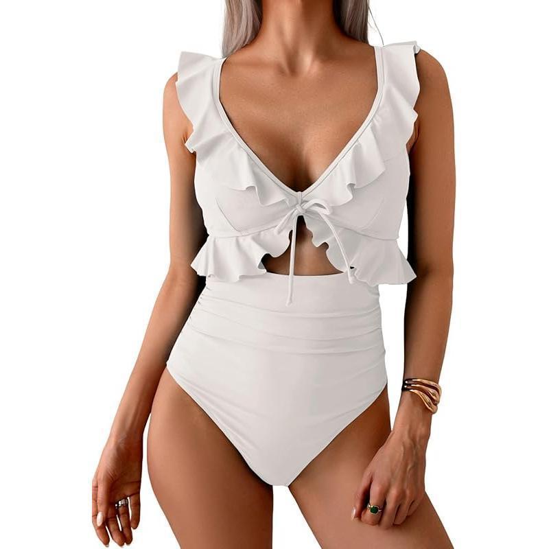 Teal Ruffle V-Neck Tie Front Cutout One Piece Swimsuit | High Waist Ruched Monokini | Women's Elegant Swimwear