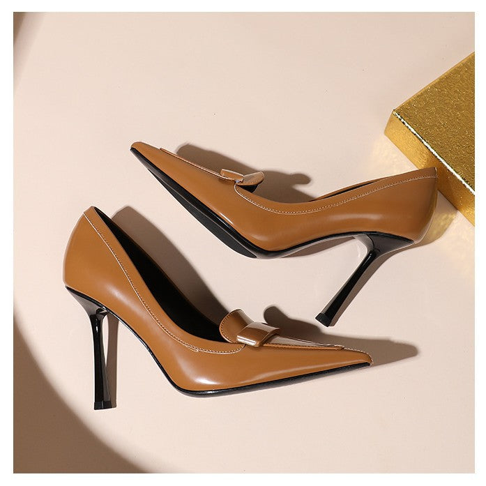 Tan Caramel Leather Bow Detail Pointed Toe Stiletto Pumps | Women's Chic High Heel Court Shoes