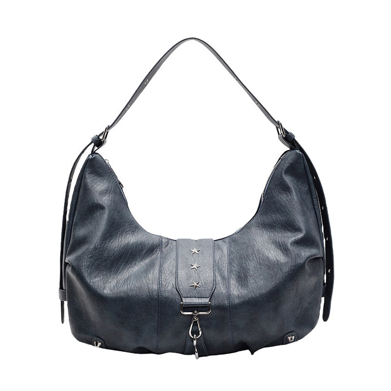 Black Leather Hobo Bag with Star Studs | Slouchy Shoulder Bag with Zip Detail