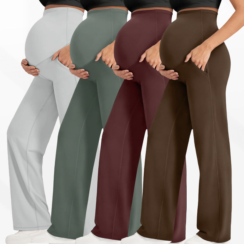 High Waist Maternity Wide Leg Pants with Pockets | Butt Lifting High Elastic Over Bump Pregnancy Trousers | Flowy Casual Lounge Pants | All Trimesters | Brown