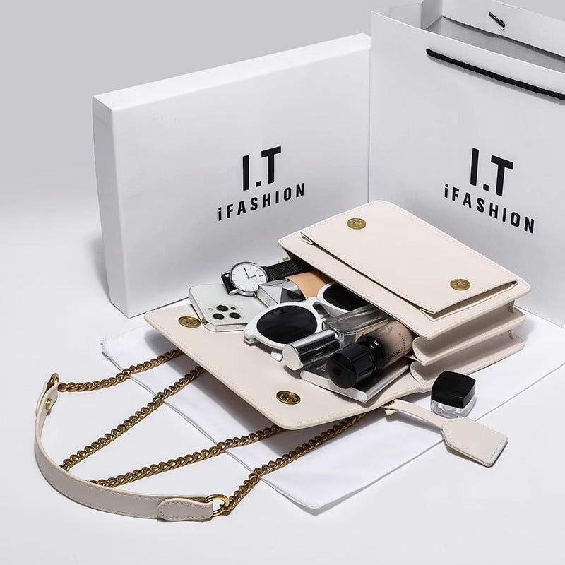 White Leather Crossbody Bag - Designer Inspired Flap Bag with Gold Logo Hardware | Chain Strap Shoulder Bag with Dust Bag