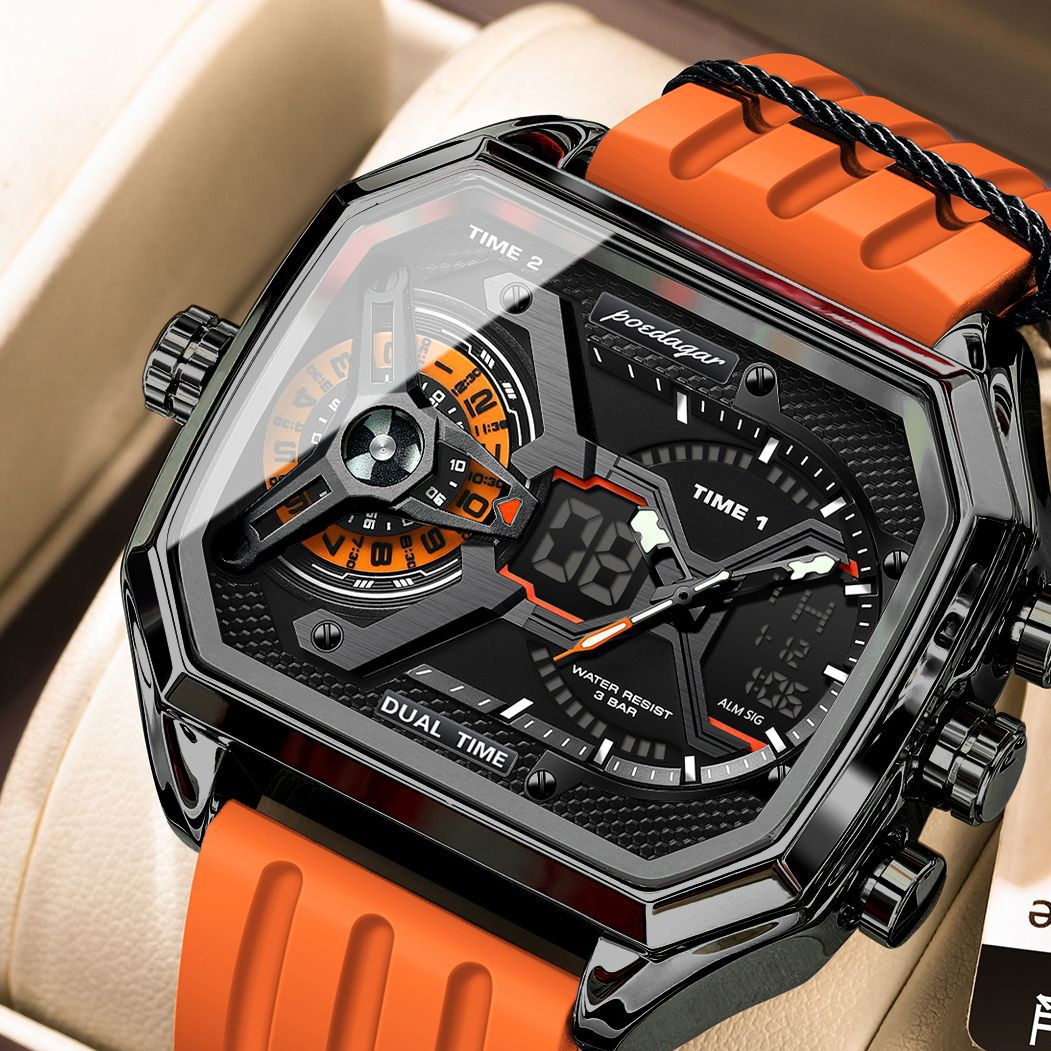 Poedagar Men's Dual Time Digital Analog Watch | Square Blue Rubber Strap | Military Sport Chronograph Waterproof