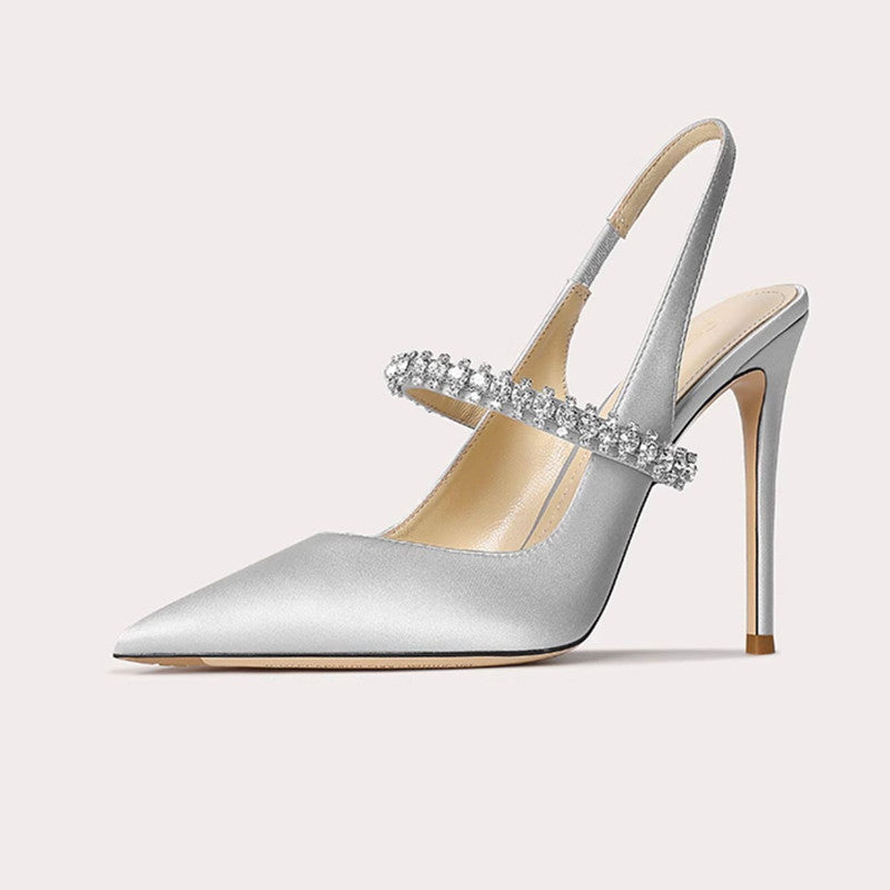 Silver Satin Rhinestone Strap Slingback Stiletto Heels for Women | Crystal Embellished Pointed Toe High Heel Pumps | Luxury Bridal Wedding Evening Heels | Designer Inspired Jewel Strap Heels