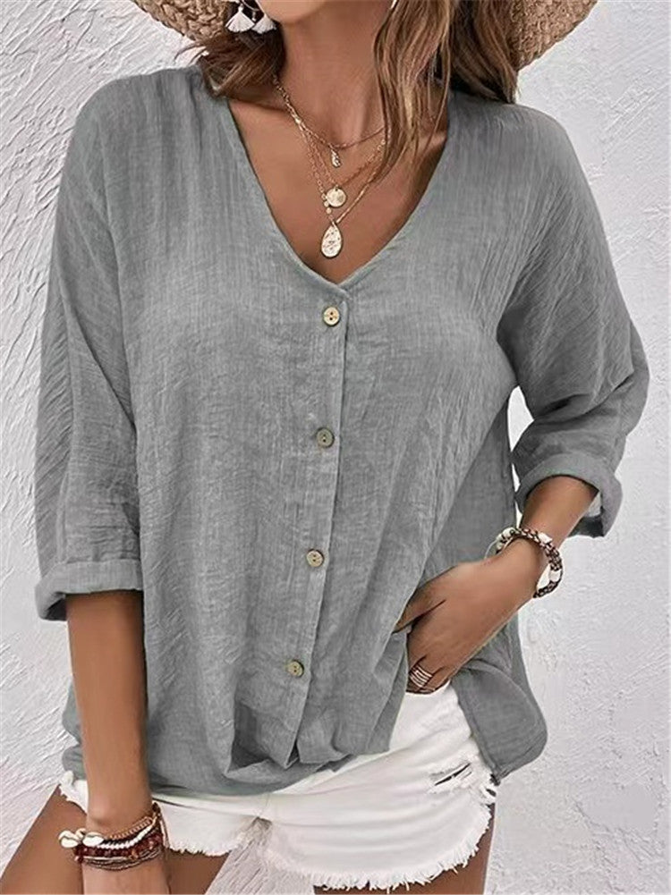 Camicia da donna in lino e cotone color cachi con bottoni | Top casual scollo a V a maniche a 3/4 | Camicia estiva boho