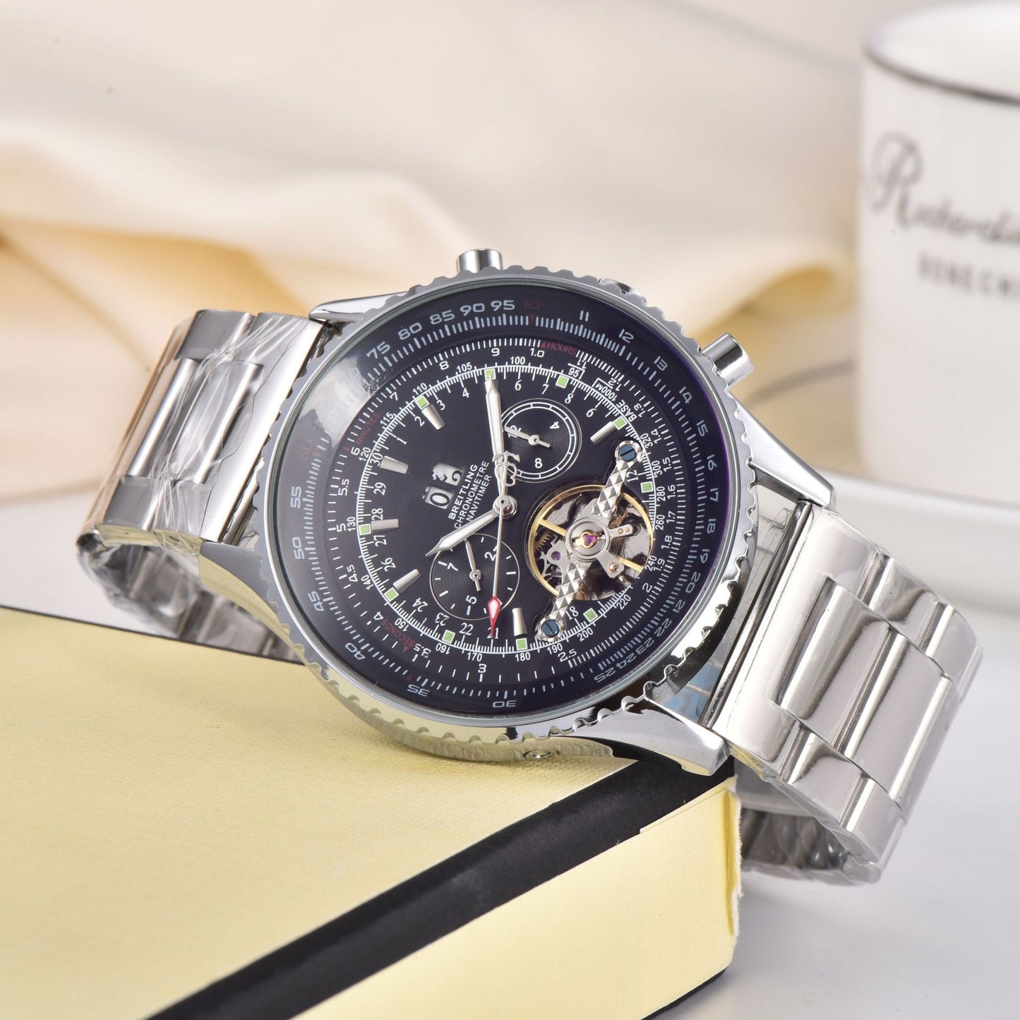 Men's Automatic Tourbillon Watch | Blue Dial Chronograph Stainless Steel Aviation Pilot Watch