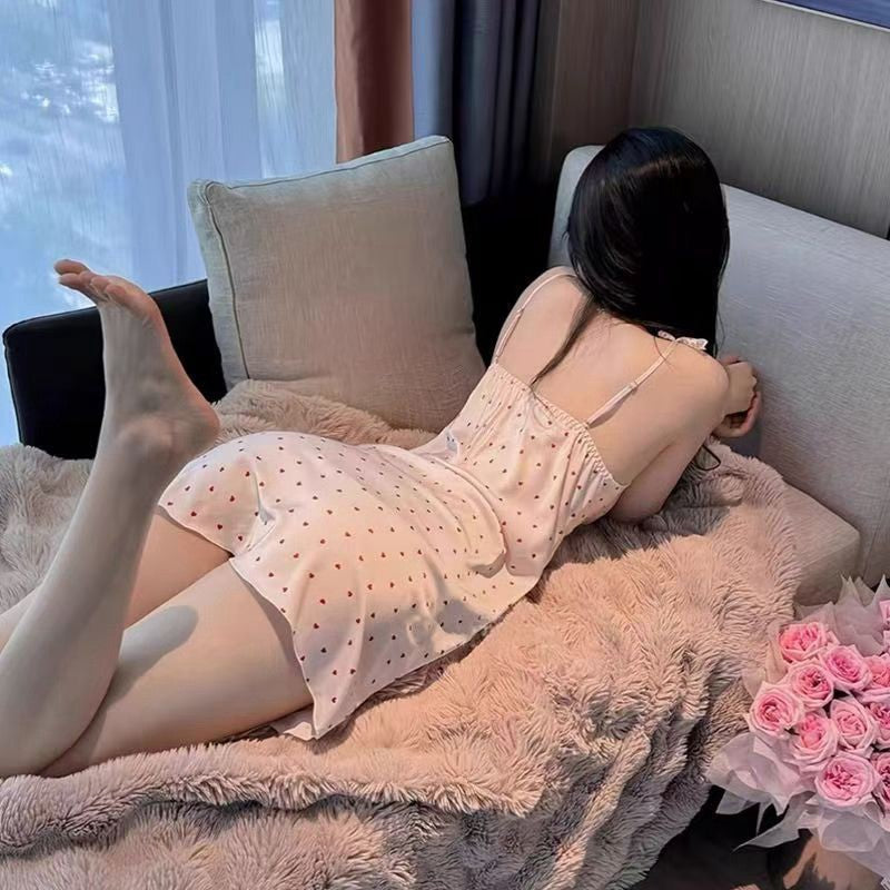 Rosa Damen-Nachthemd mit Herzchenmuster, Rüschenspitze, süßem V-Ausschnitt, Schleifenakzent und ausgestelltem Mini-Schlafkleid im Kawaii-Stil 