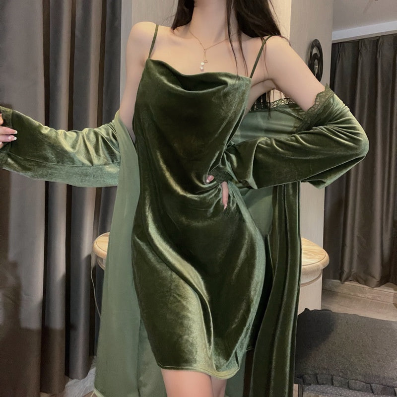 Women's Black Velvet Cowl Neck Slip Dress & Lace Trim Robe 2-Piece Set | Spaghetti Strap Mini Nightgown with Kimono Cardigan | Luxury Dark Sleepwear