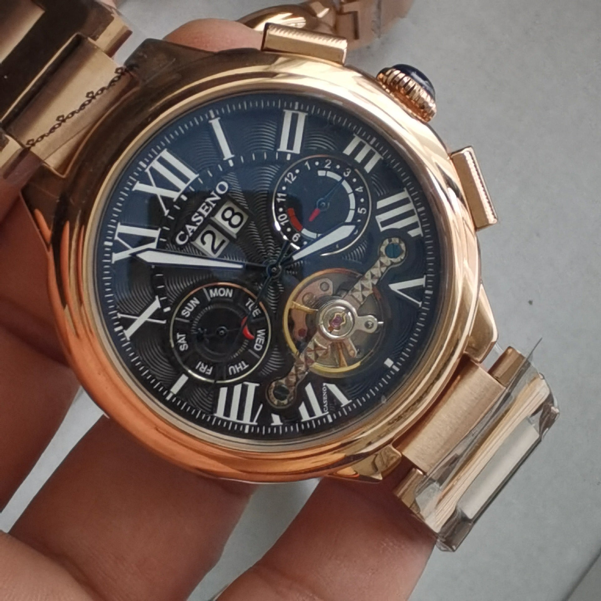 Caseno Men's Tourbillon Multifunction Watch | White Dial Roman Numeral Day Date Moon Phase Brown Leather Strap Automatic Style