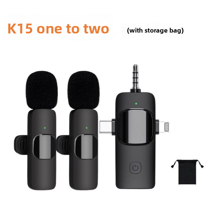 K15 Wireless Lavalier Microphone 1-to-2 | Dual Clip-On Mic for iPhone Android & Camera | USB Type-C Lightning 3.5mm Vlogging Mic