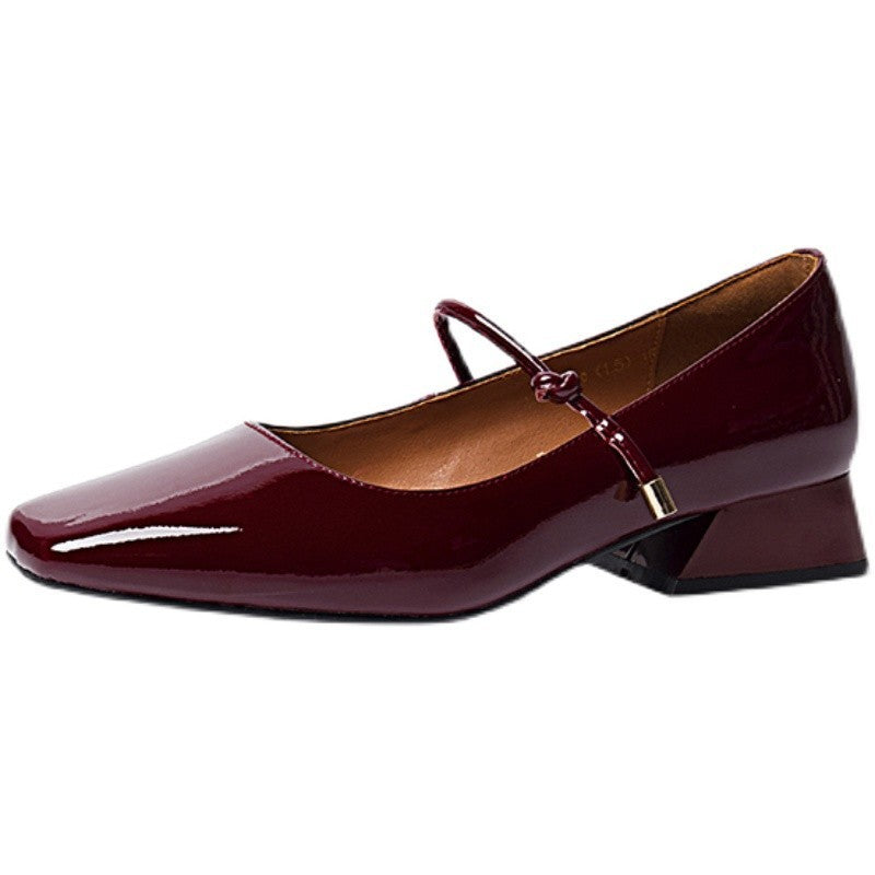 Wine Red Patent Leather Mary Jane Block Heel Pumps | Women's Square Toe Ankle Strap Low Heels | Retro Glossy Shoes