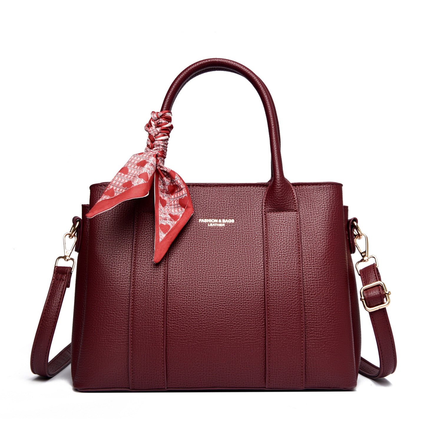 Black Leather Tote Handbag Women | Structured Shoulder Bag Crossbody Satchel with Scarf Detail Gold Hardware
