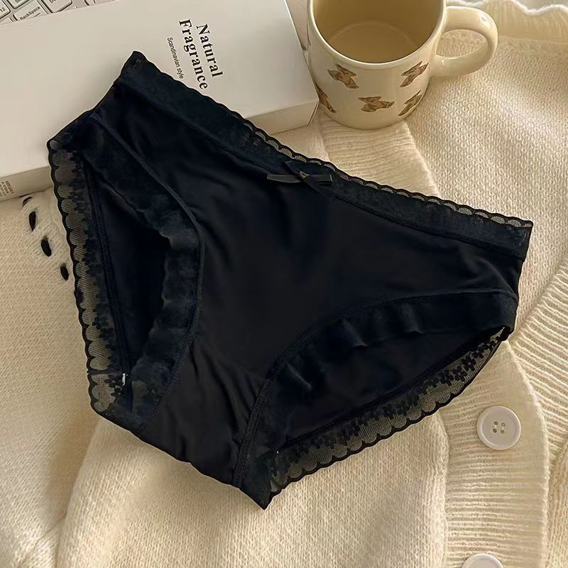Satin Silk Lace Trim Bow Panties for Women Soft Smooth Mid Rise Briefs Floral Lace Edge White Beige