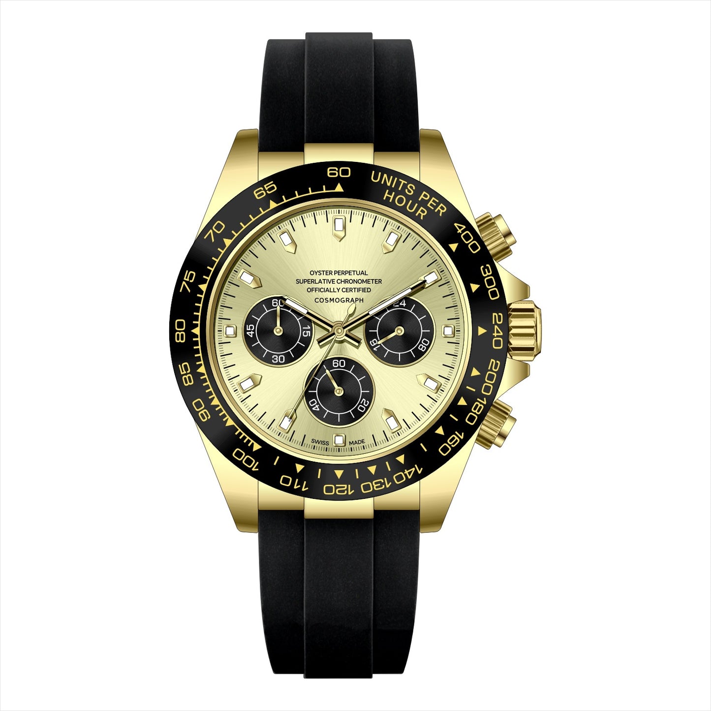 Luxuriöse Herren-Chronographenuhr | Silbernes Zifferblatt, schwarze Keramiklünette, Kautschukarmband | Oyster Perpetual Cosmograph-Stil 
