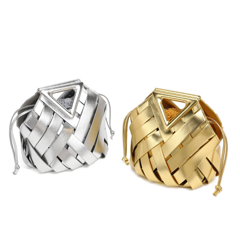 Gold Metallic Woven Basket Bag with Triangle Handle | Luxury Statement Handbag