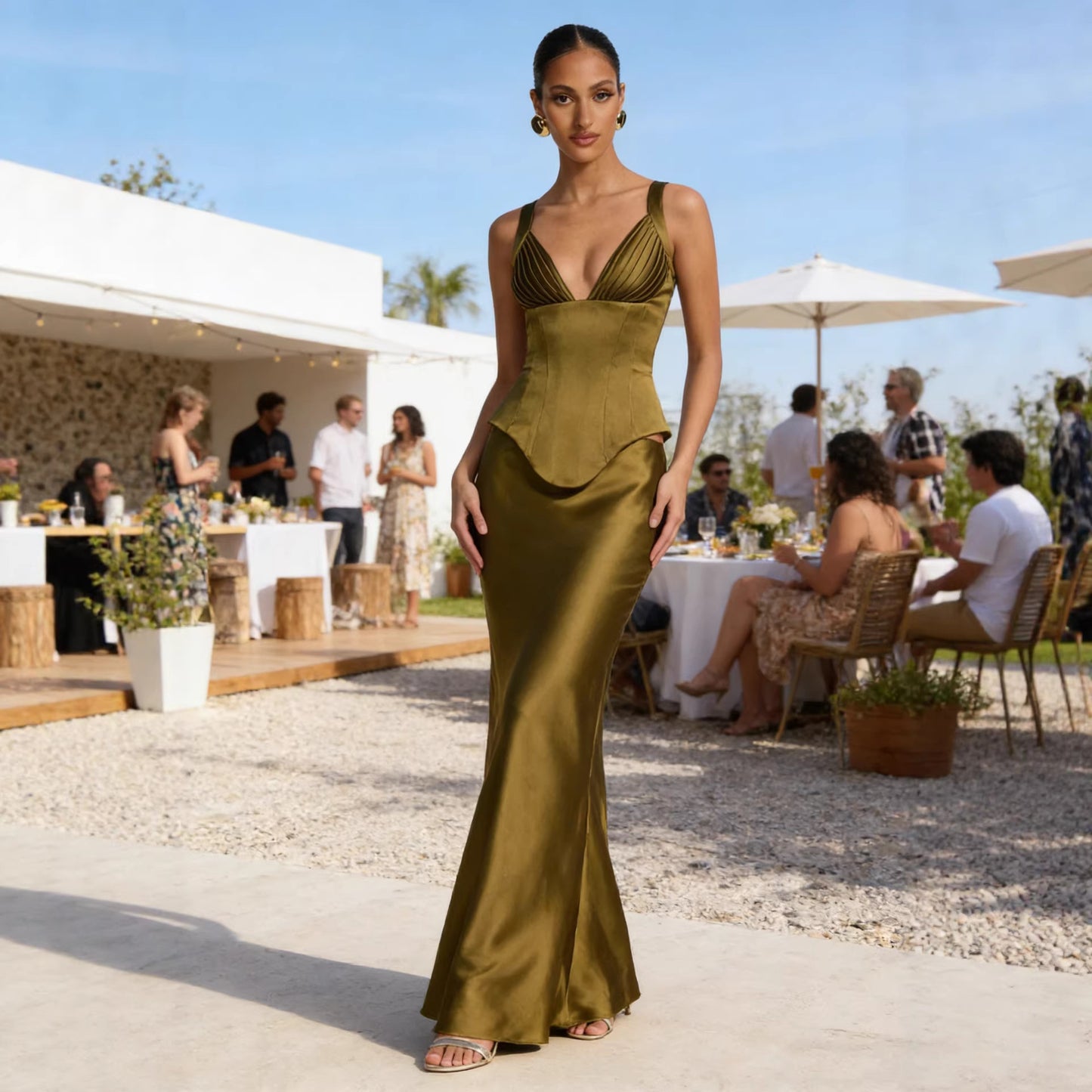 Rust Brown Satin Corset Maxi Dress | Deep V Neck Pleated Bust Mermaid Gown | Women's Elegant Formal Evening Dress | Wedding Guest & Gala Outfit