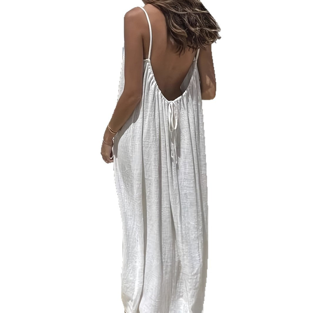 Women's White Open Back Tie Maxi Dress Spaghetti Strap Flowy Loose Beach Sundress Boho Summer Vacation Dress