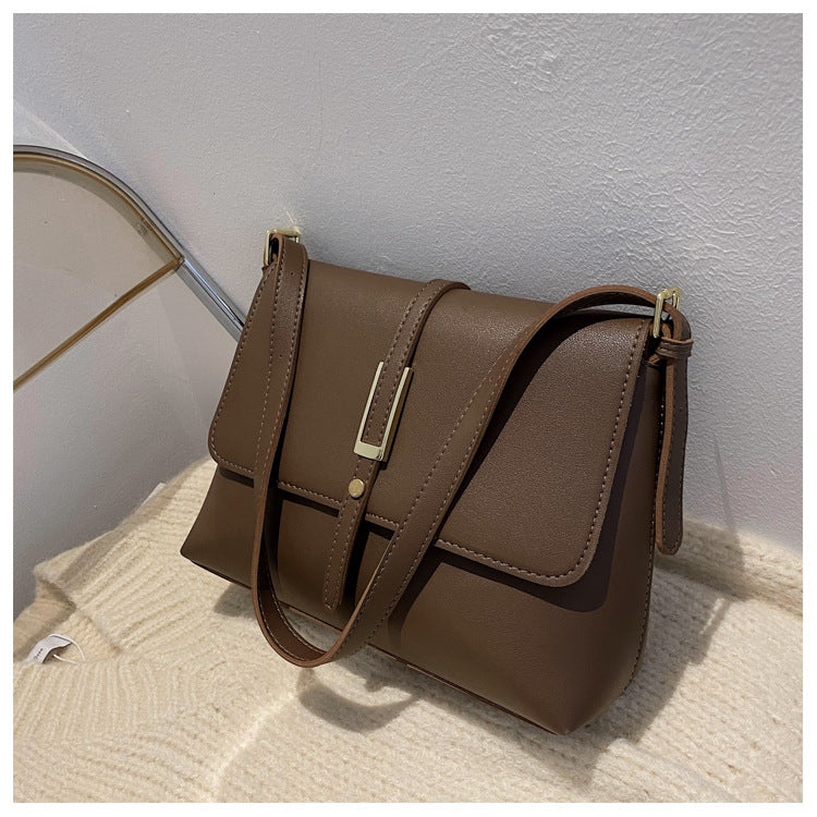 Black Leather Crossbody Bag with Gold Hardware | Structured Flap Shoulder Purse