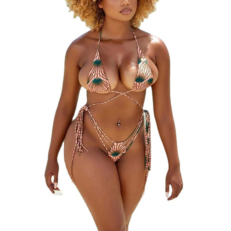Tropical Palm Print Lace Up Bikini Set, Crisscross Strappy Halter Top & Tie Side Bottom, Women Cutout Multi Strap Swimwear, Sexy Beach Swimsuit, Peach Green Exotic Vacation Bathing Suit