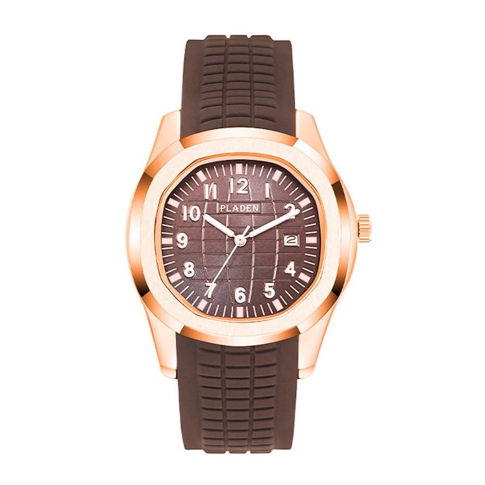 Pladen Men's Sport Watch | Grey Textured Dial Silver Case Black Rubber Strap Aquanaut Style Date Watch