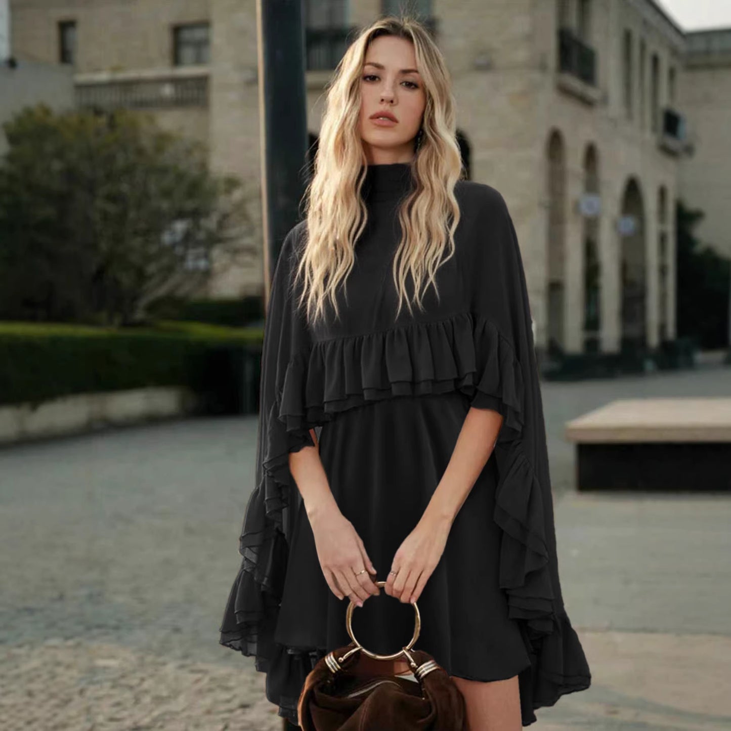Brown Chiffon Ruffle Mini Dress | Mock Neck Long Sleeve Tiered Ruffle Flowy Short Dress for Women