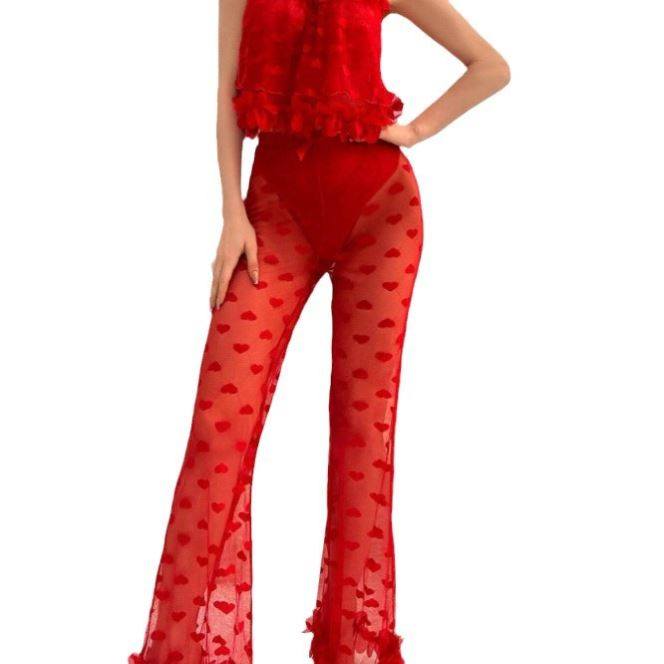 Women's Red Lace Ruffle Cami Top & Heart Print Mesh Wide Leg Pants Set | 2-Piece Romantic Lingerie Loungewear | Valentine's Day Outfit