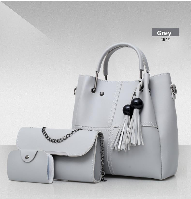Black Leather Handbag Set 3-Piece with Tote, Chain Bag & Wallet | Women's Bag Collection