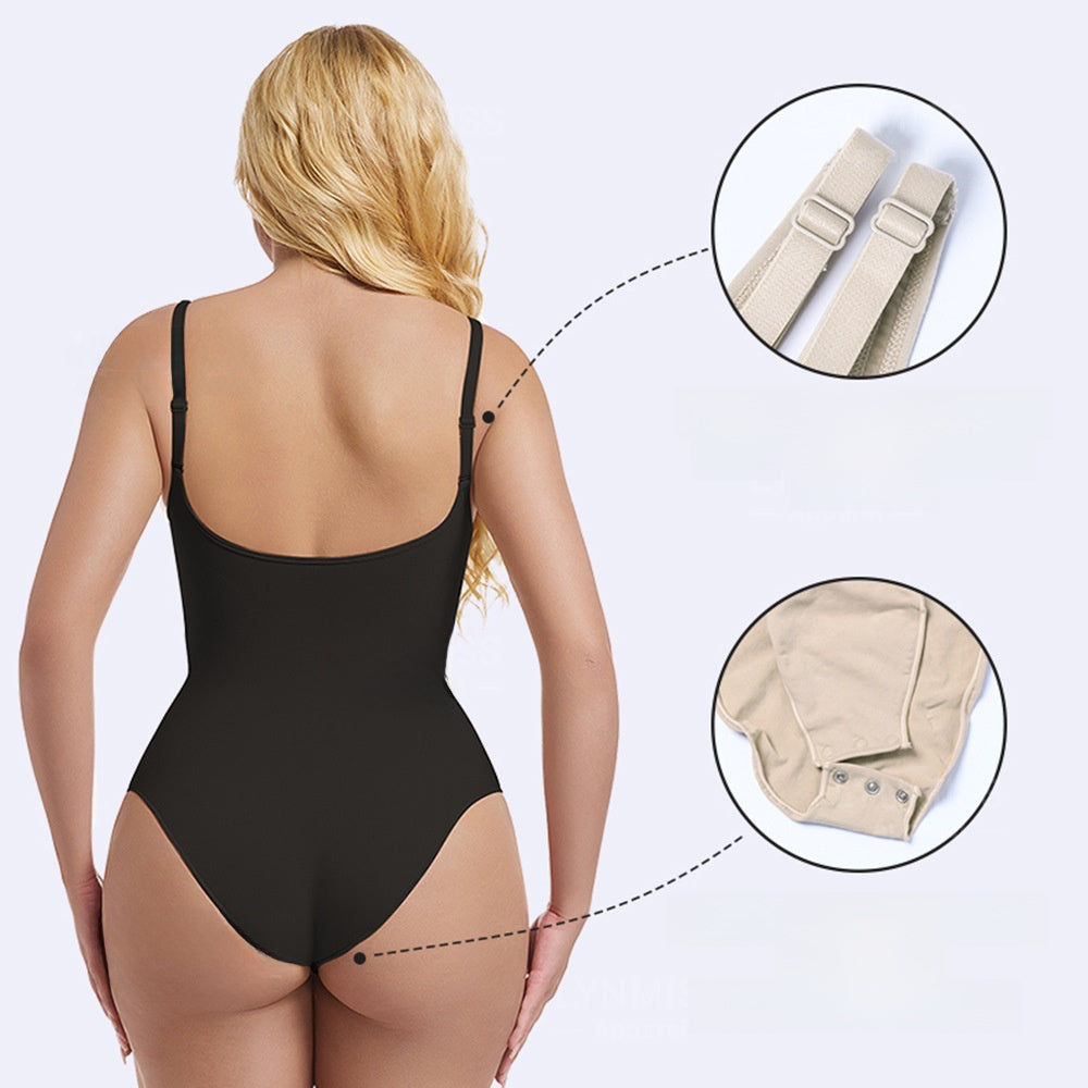 Womens Seamless Tummy Control Bodysuit Shapewear with Zipper Front Deep V Neck Adjustable Straps Thong Body Shaper in Nude and Black