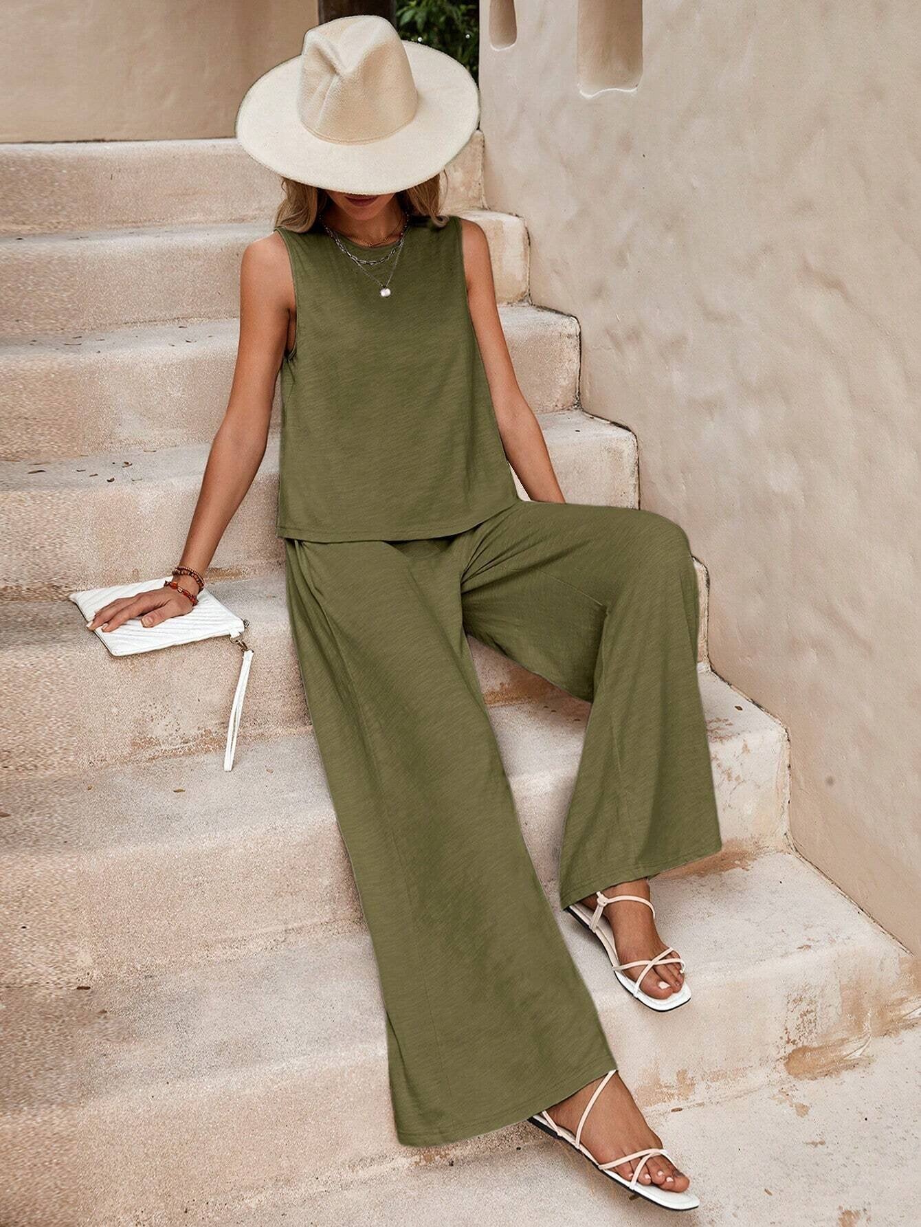 Women's 2-Piece Sleeveless Top & Wide Leg Pants Set | Linen Style Casual Summer Co-ord Outfit | Multiple Colors