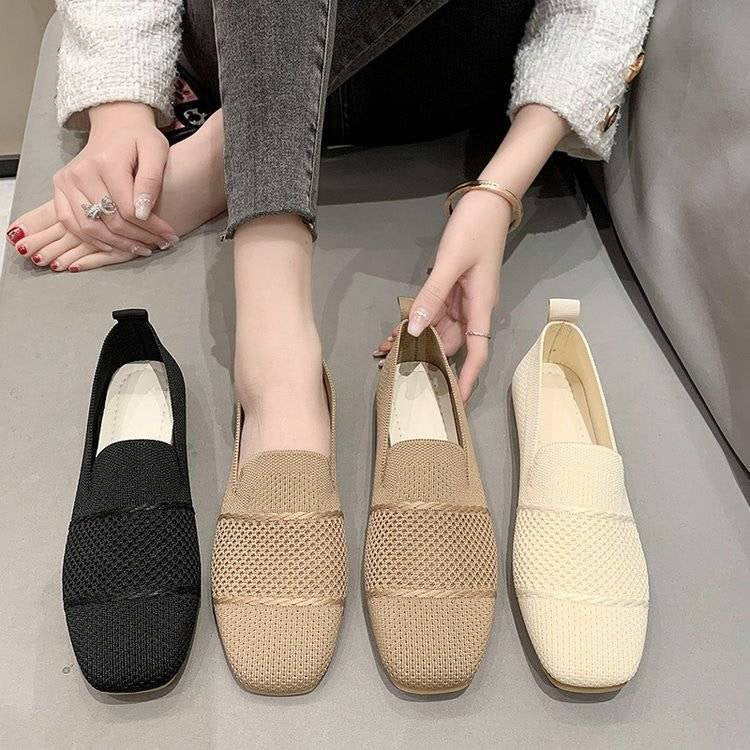 Khaki Knit Mesh Loafer Flats for Women | Breathable Slip-On Square Toe Knitted Flat Shoes | Casual Lightweight Everyday Loafers | Minimalist Woven Flat Shoes