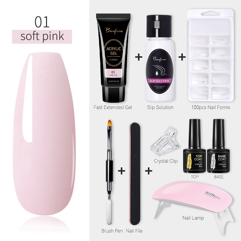 Baafven 11PCS Acrylic Gel Nail Extension Kit | Poly Gel Set with UV LED Nail Lamp, Top & Base Coat, Nail Forms & Tools