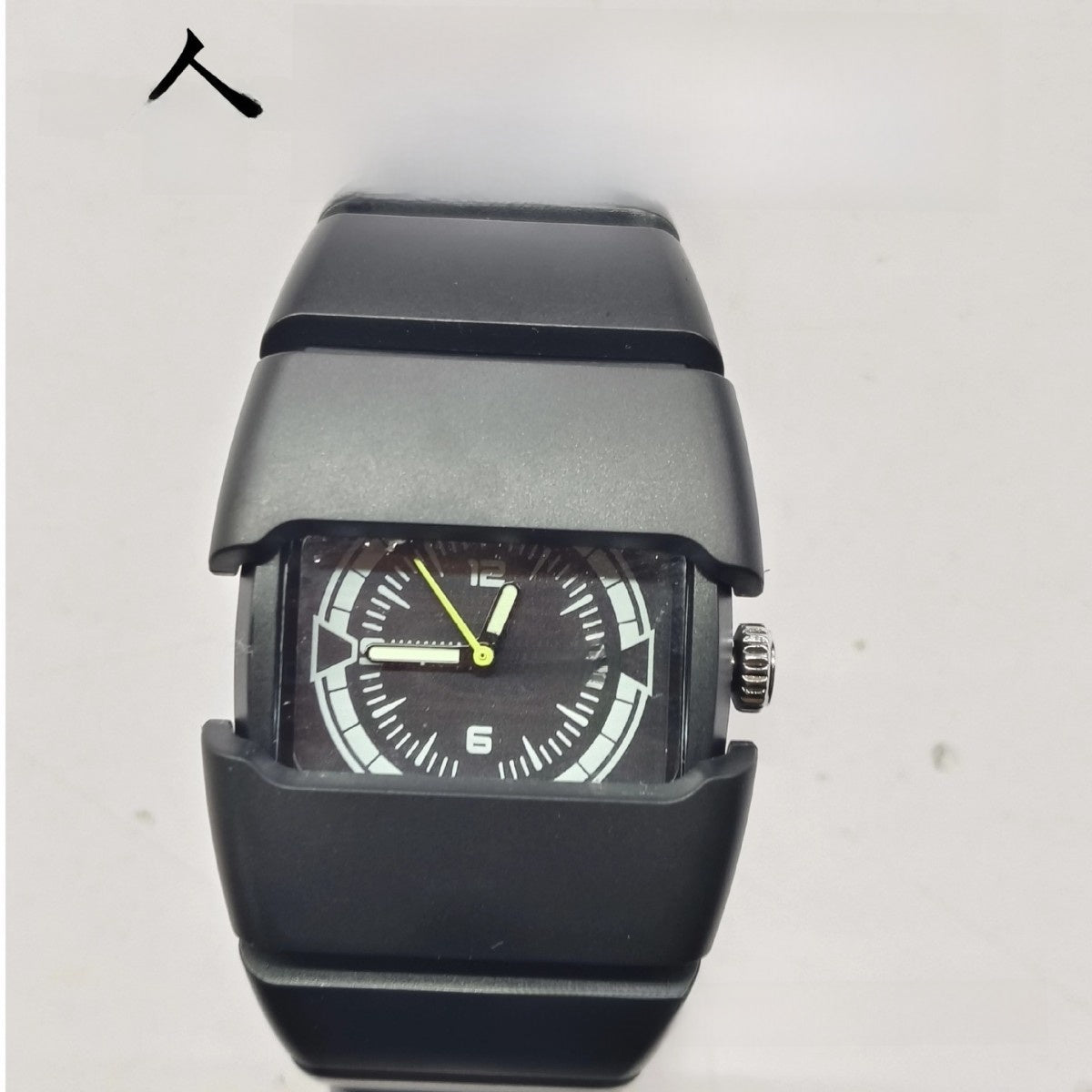 Men's Futuristic Wide Rectangular Watch | Matte Silver Aluminum Case Black Dial Neon Green Hands | Diesel Style Techwear Sport Timepiece