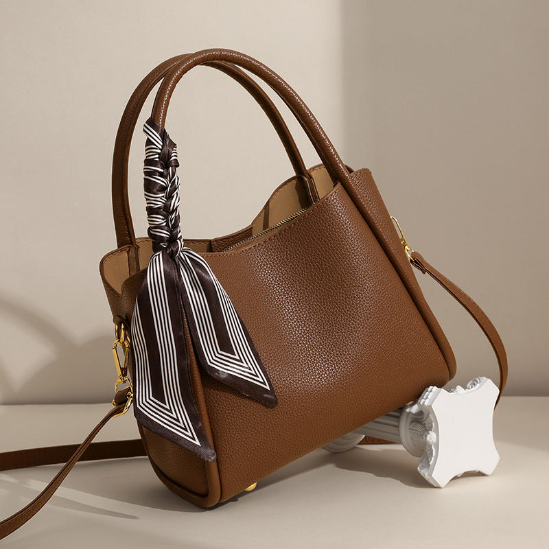 Black Leather Tote Bag Women | Scarf Handle Shoulder Handbag | Pebbled Crossbody Satchel Bag with Silk Ribbon Detail
