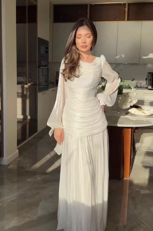 Burgundy Ruched Maxi Dress with Pleated Skirt | Long Sleeve Cowl Neck Formal Evening Gown