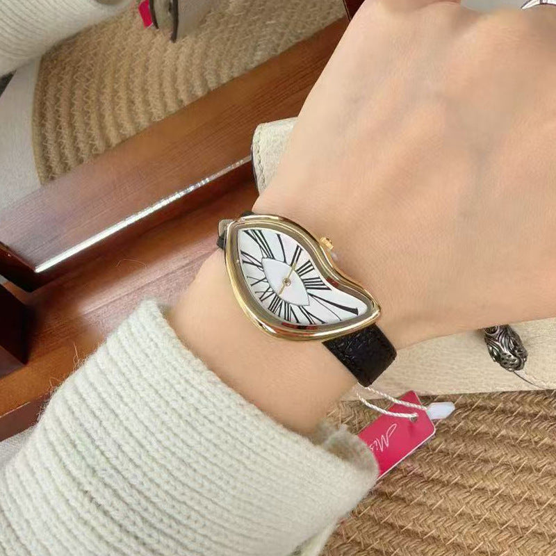 Salvador Dali Inspired Melting Watch | Surrealist Asymmetric Gold Case Women's Watch | Roman Numeral Leather Strap