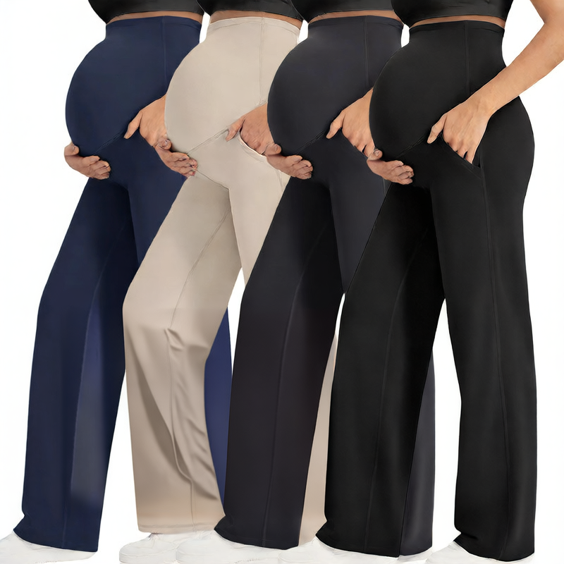 High Waist Maternity Wide Leg Pants with Pockets | Butt Lifting High Elastic Over Bump Pregnancy Trousers | Flowy Casual Lounge Pants | All Trimesters | Brown