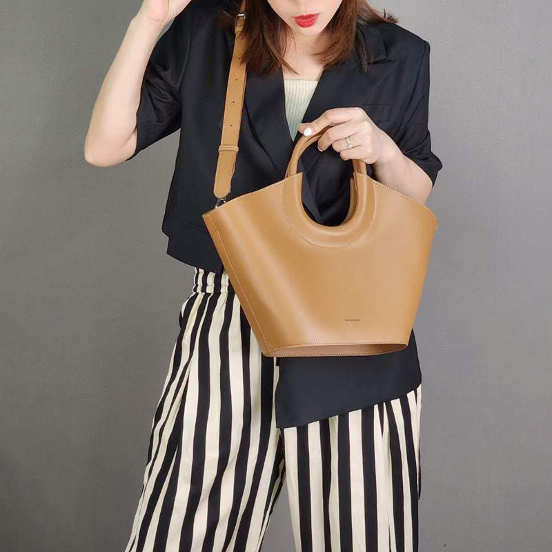 Cowhide High-End French Fashion Commuter Special Bag Niche Design Vegetable Basket Bag Brown Structured Tote Bag with Cutout Handle | Modern Trapezoid Leather Bag