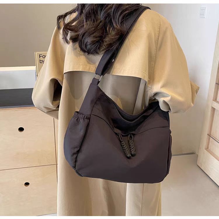 Brown Nylon Slouchy Shoulder Bag - Gathered Hobo Bag with Braided Cord Detail | Lightweight Casual Crossbody Tote