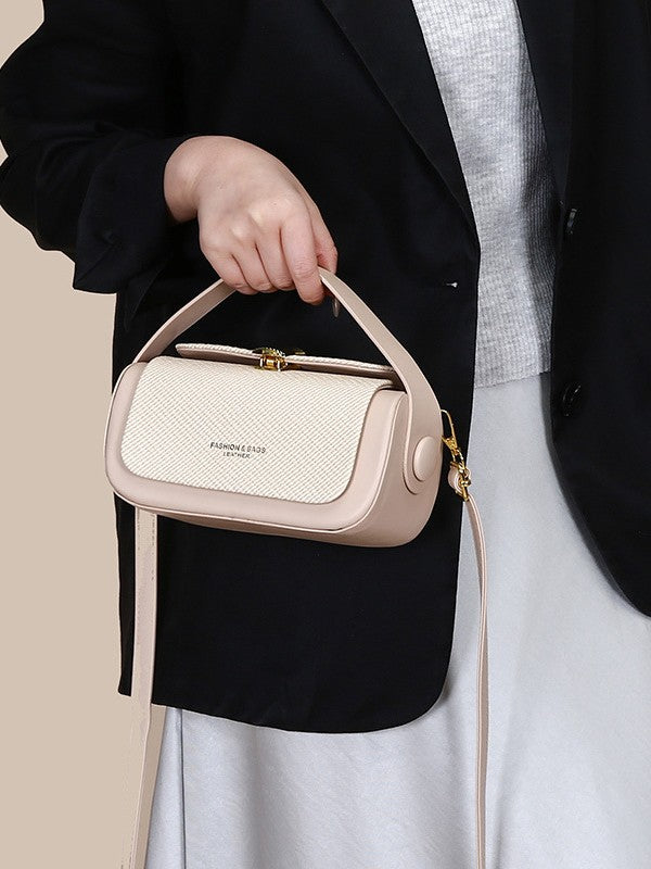Black Structured Crossbody Bag with Gold Fan Clasp | Woven Texture Top Handle Shoulder Purse
