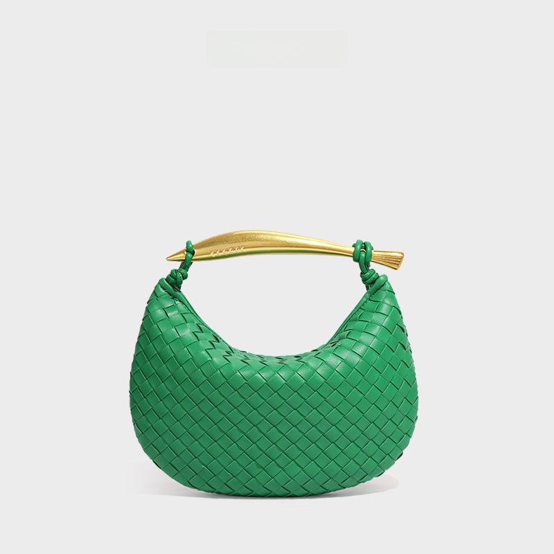 Burgundy Woven Leather Hobo Bag with Gold Handle | Intrecciato Crescent Shoulder Bag