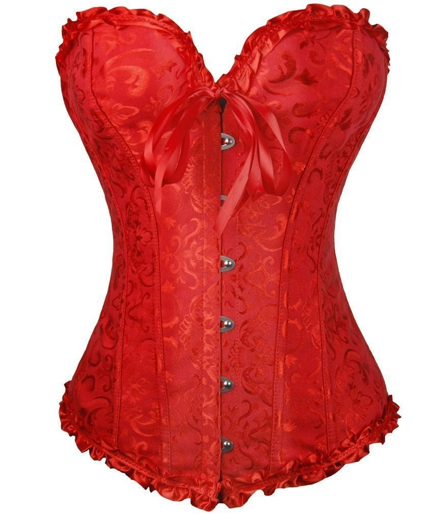 Red Brocade Overbust Corset | Black Ruffle Trim Bow Detail Boned Bustier Waist Cincher Women Halloween Burlesque Corset Top