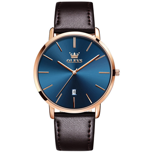 OLEVS Minimalist Black Dial Men's Watch | Ultra-Thin Silver Case Black Leather Strap Date Watch