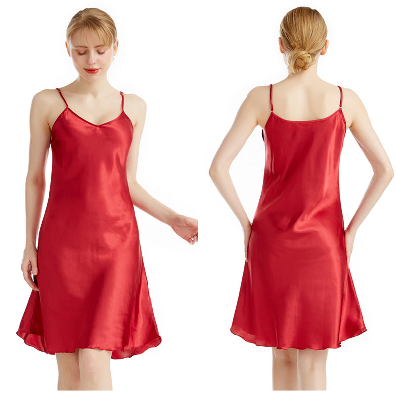 Women's Wine Red Satin V Neck Midi Slip Nightgown Elegant Sleeveless A-Line Sleep Dress Chemise Luxury Sleepwear