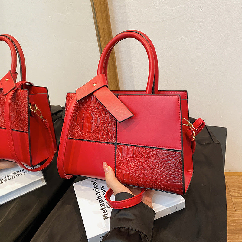 White Croc Embossed Color Block Tote Bag | Women's Luxury Style Top Handle Crossbody Handbag