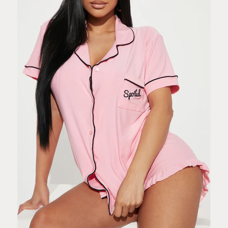 Women's Satin Trim Pajama Set | Button-Down Shirt & Ruffle Shorts | 3 Colors | Loungewear