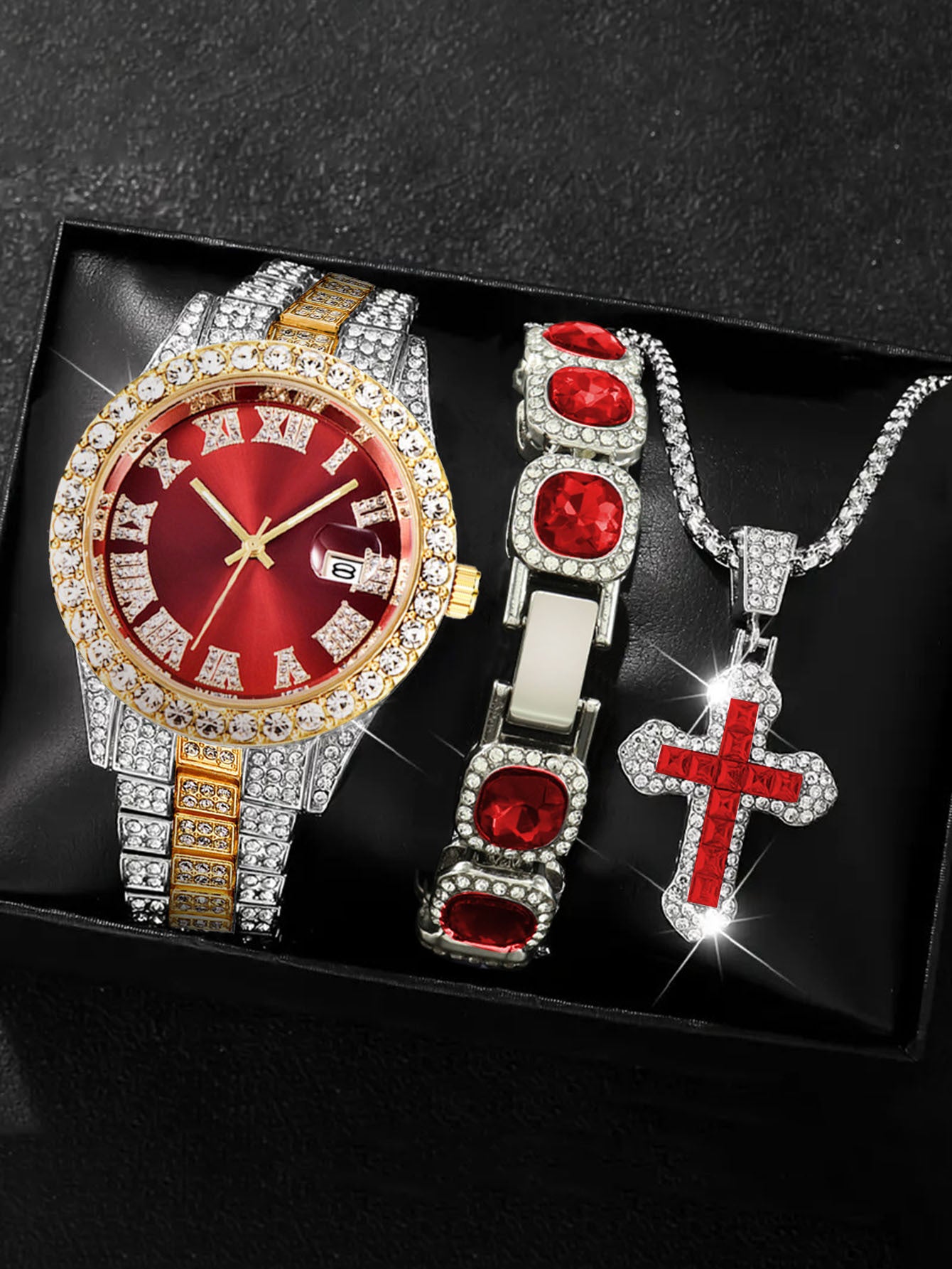 Men's Iced Out Green Emerald Watch Bracelet & Cross Necklace Set | Gold CZ Diamond Hip Hop Jewelry Gift Box