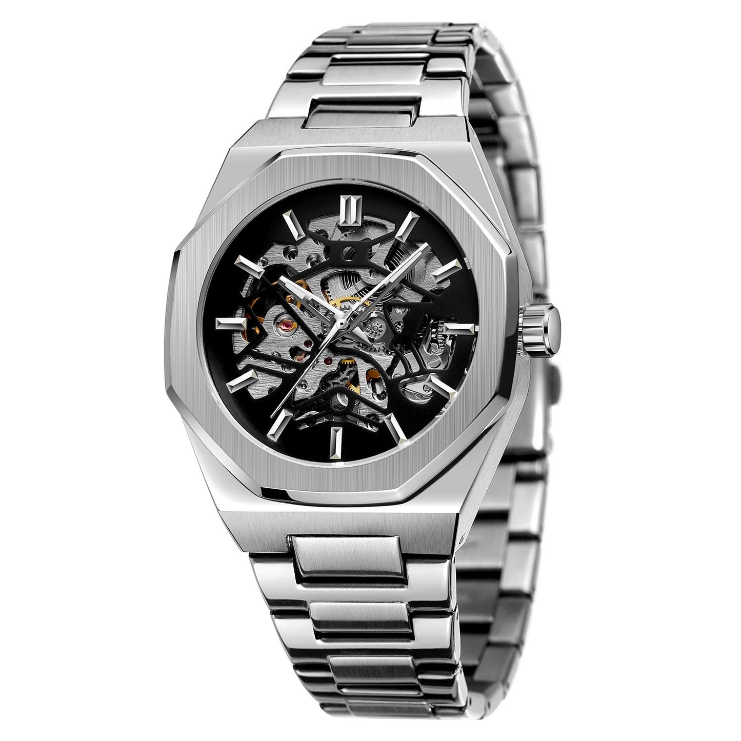 Men's Black Skeleton Automatic Watch | Gold Movement Octagonal Steel Bracelet Mechanical Watch